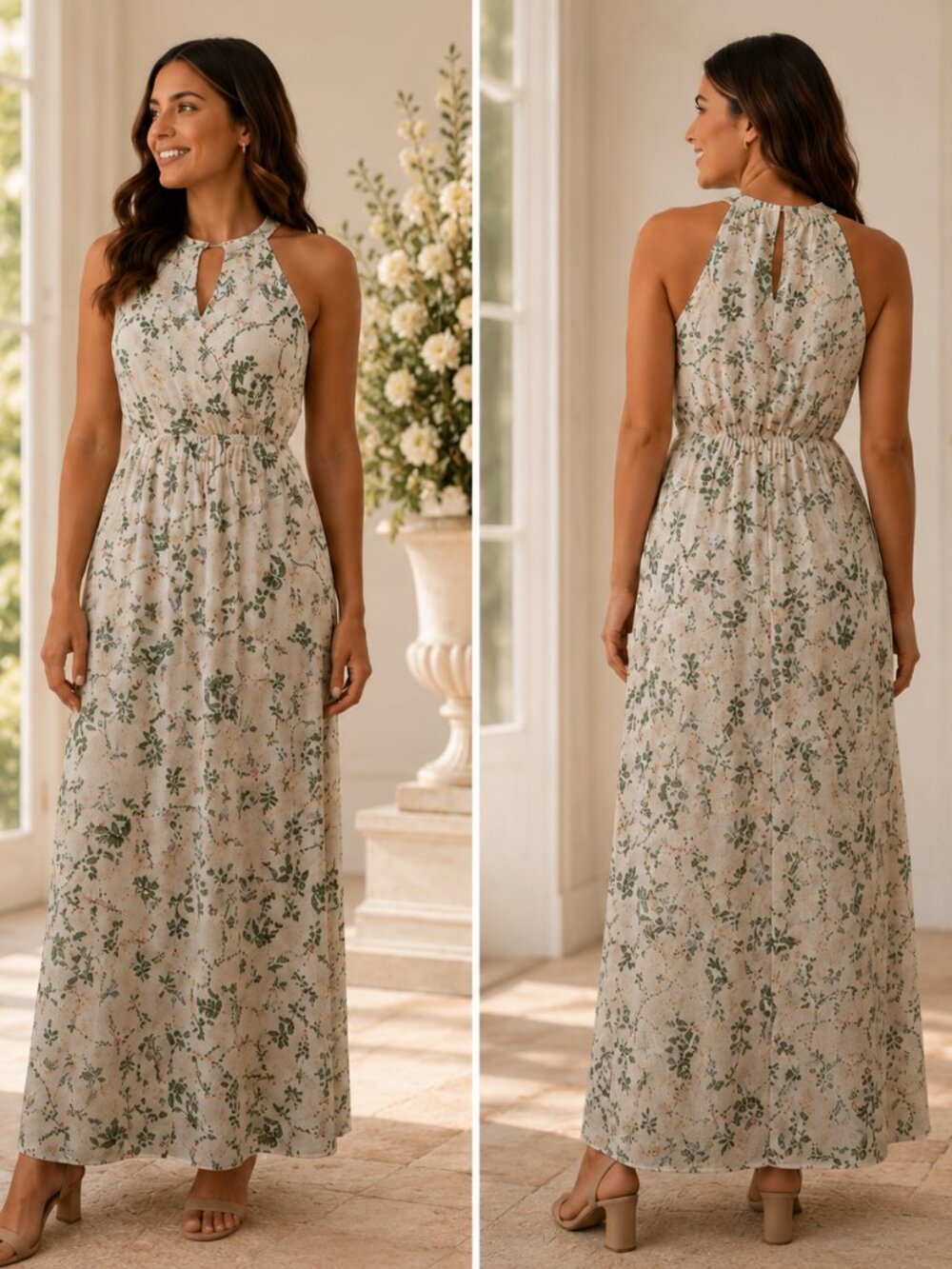 Cottagecore Botanical Floral Chiffon Maxi Dress Halter Keyhole Garden Party M